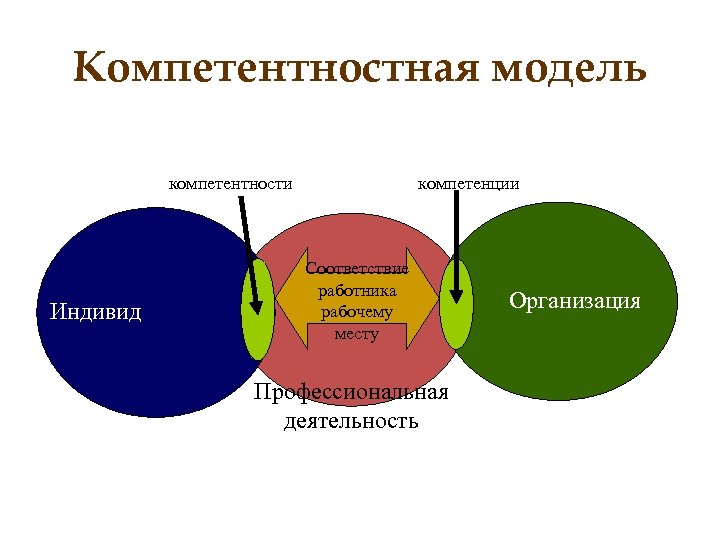 Компетентностная модель компетентности Индивид компетенции Соответствие работника рабочему месту Профессиональная деятельность Организация 