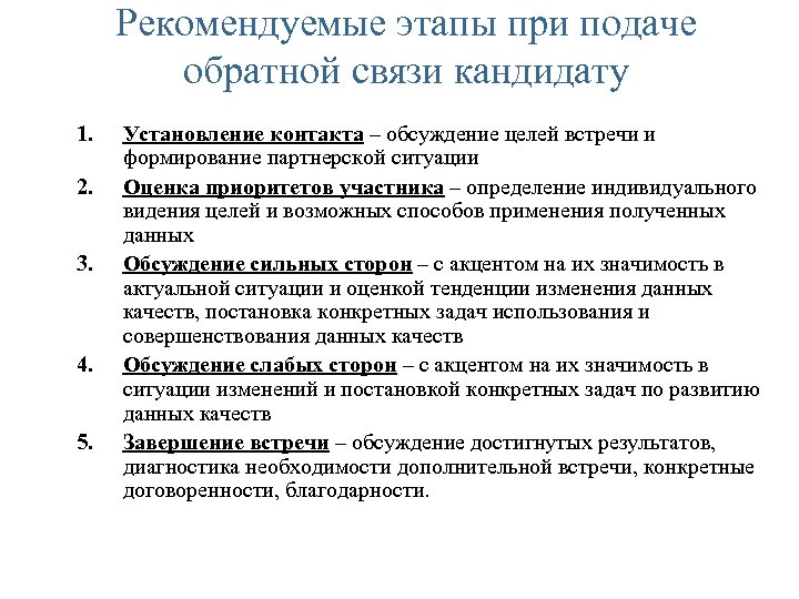 Рекомендуемые этапы при подаче обратной связи кандидату 1. 2. 3. 4. 5. Установление контакта