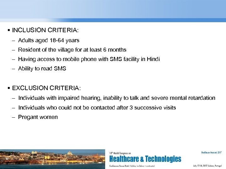  INCLUSION CRITERIA: – Adults aged 18 -64 years – Resident of the village