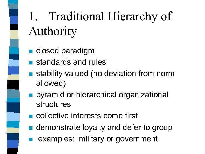 1. Traditional Hierarchy of Authority n n n n closed paradigm standards and rules