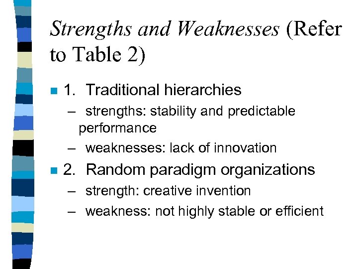 Strengths and Weaknesses (Refer to Table 2) n 1. Traditional hierarchies – strengths: stability