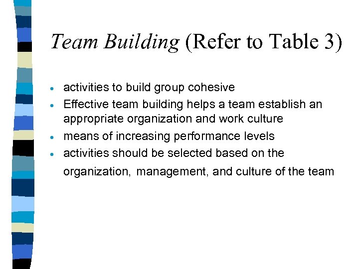 Team Building (Refer to Table 3) · · activities to build group cohesive Effective