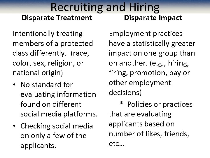 Recruiting and Hiring Disparate Treatment Disparate Impact Intentionally treating members of a protected class