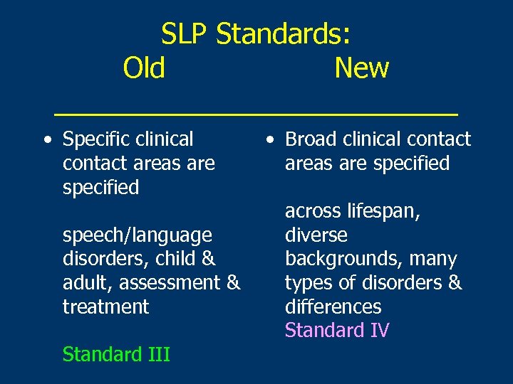 SLP Standards: Old New _____________ • Specific clinical contact areas are specified speech/language disorders,