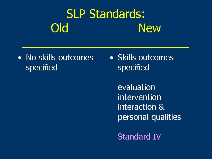 SLP Standards: Old New _____________ • No skills outcomes specified • Skills outcomes specified