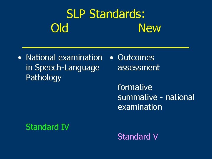 SLP Standards: Old New _____________ • National examination • Outcomes in Speech-Language assessment Pathology