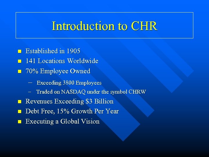 Introduction to CHR n n n Established in 1905 141 Locations Worldwide 70% Employee