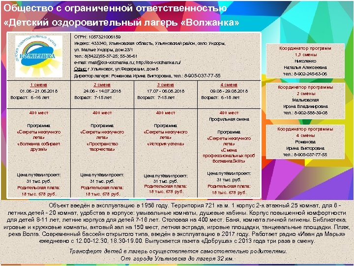 Общество с ограниченной ответственностью «Детский оздоровительный лагерь «Волжанка» ОГРН: 1057321006159 Индекс: 433340, Ульяновская область,