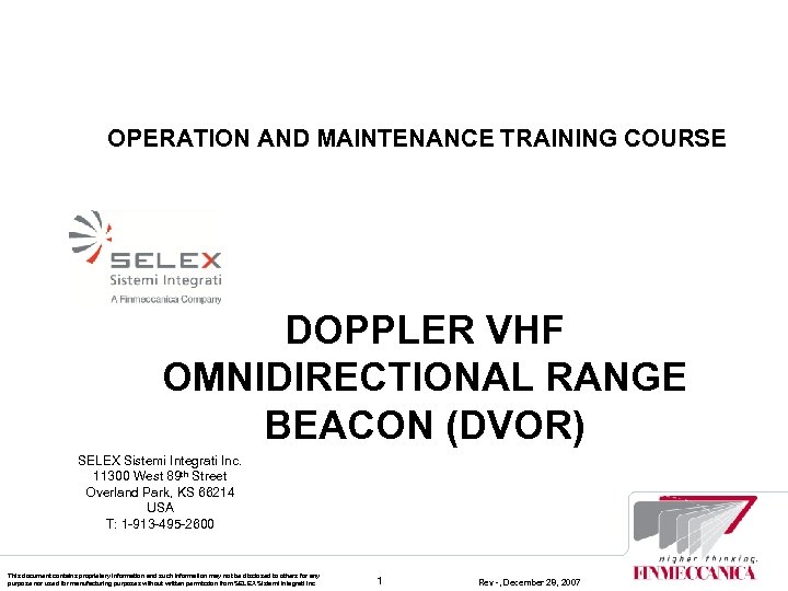 OPERATION AND MAINTENANCE TRAINING COURSE DOPPLER VHF OMNIDIRECTIONAL RANGE BEACON (DVOR) SELEX Sistemi Integrati