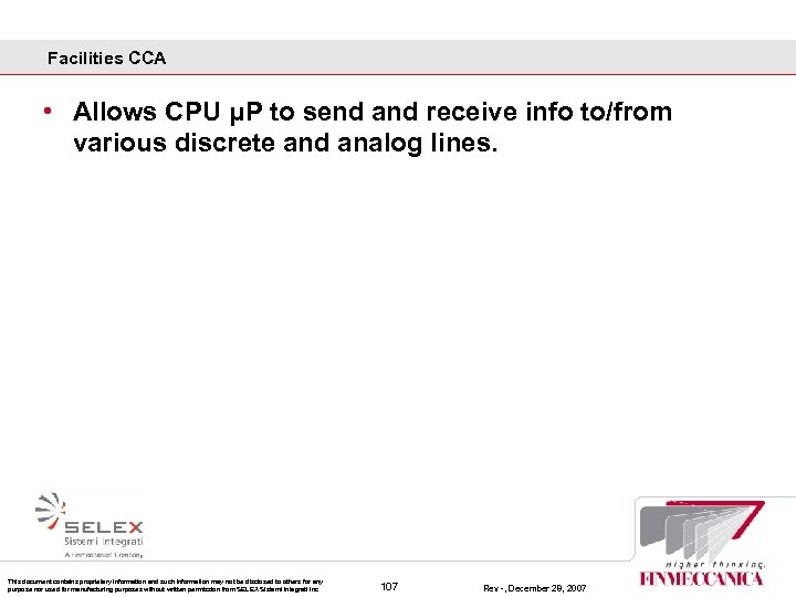 Facilities CCA • Allows CPU μP to send and receive info to/from various discrete