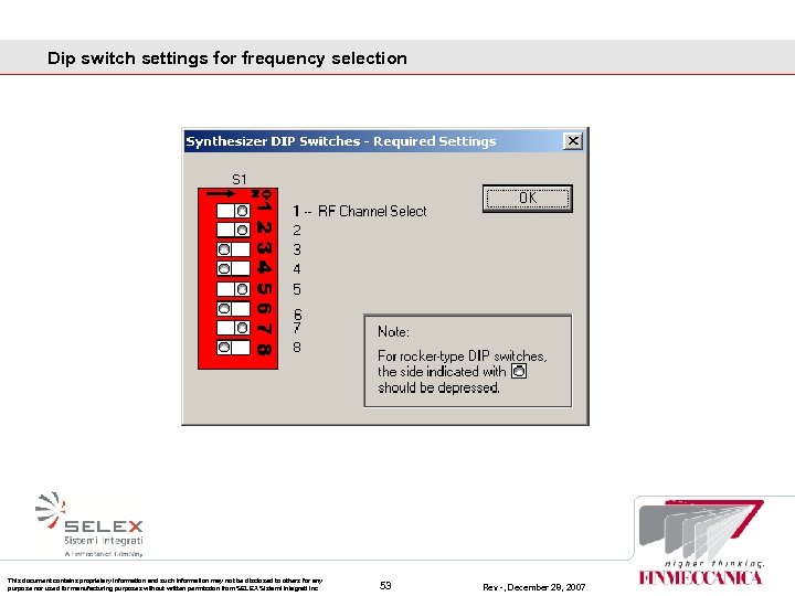 Dip switch settings for frequency selection This document contains proprietary information and such information