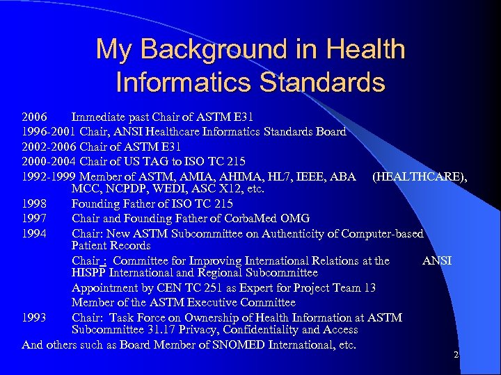 My Background in Health Informatics Standards 2006 Immediate past Chair of ASTM E 31