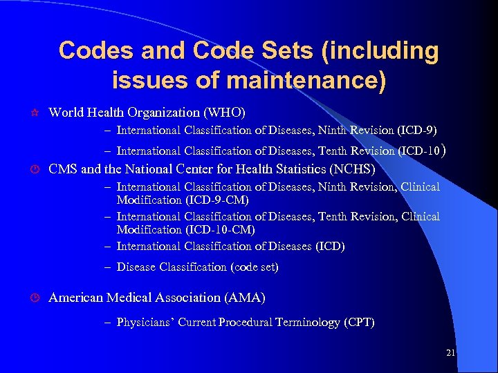 Codes and Code Sets (including issues of maintenance) ¶ World Health Organization (WHO) –