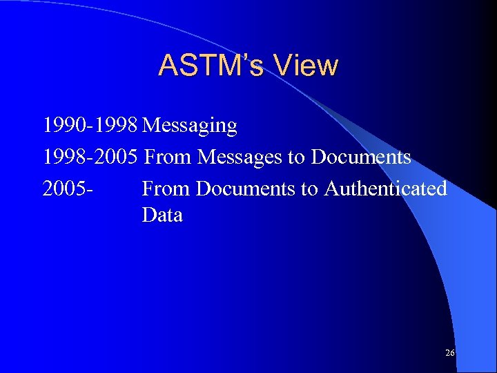 ASTM’s View 1990 -1998 Messaging 1998 -2005 From Messages to Documents 2005 From Documents