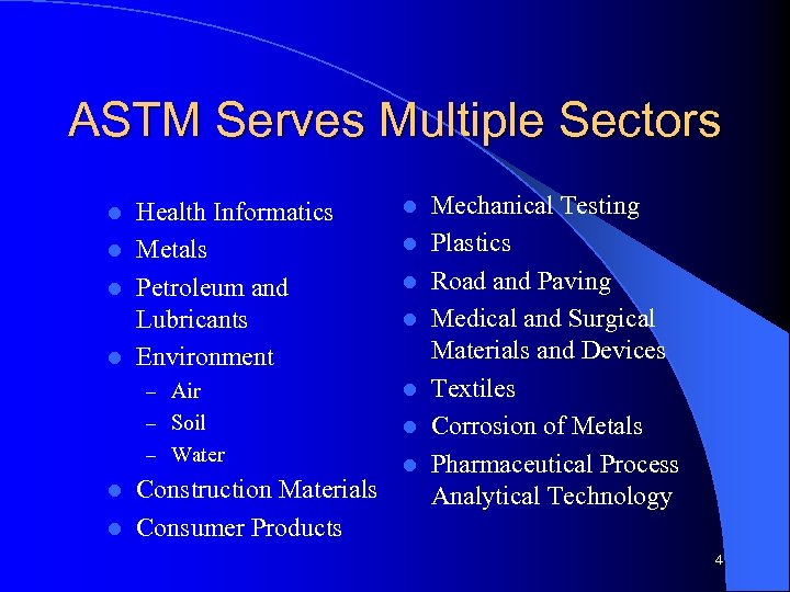 ASTM Serves Multiple Sectors Health Informatics l Metals l Petroleum and Lubricants l Environment
