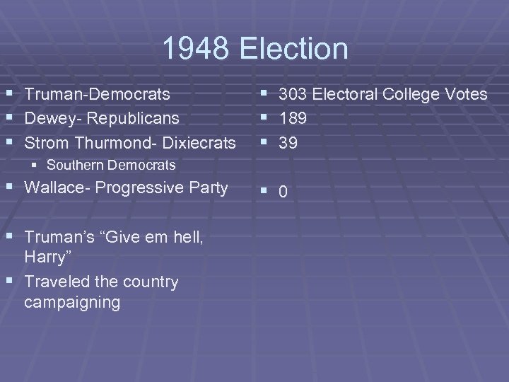 1948 Election § § § Truman-Democrats Dewey- Republicans Strom Thurmond- Dixiecrats § § §