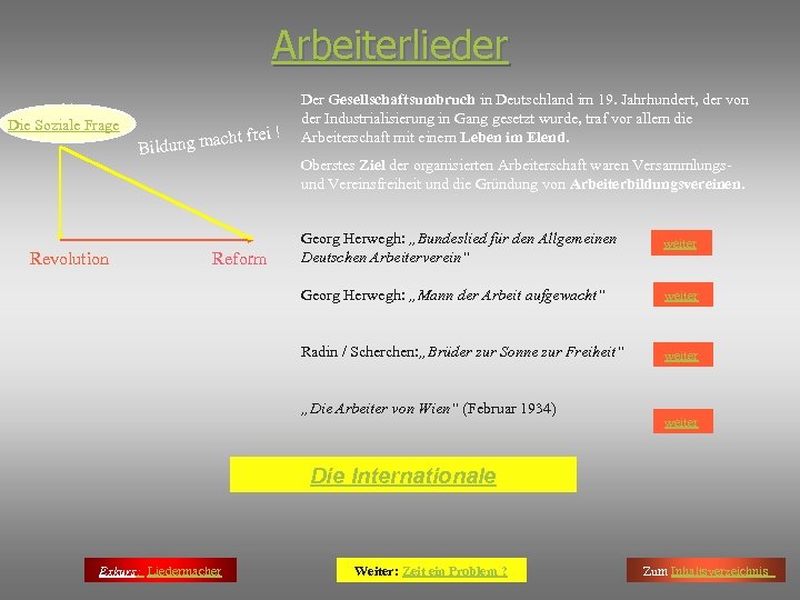 Arbeiterlieder Die Soziale Frage acht Bildung m frei ! Der Gesellschaftsumbruch in Deutschland im