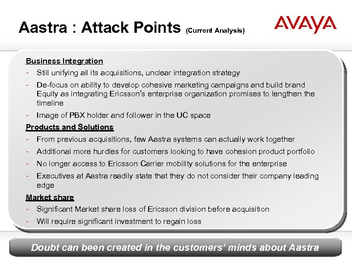 Aastra : Attack Points (Current Analysis) Business Integration - Still unifying all its acquisitions,