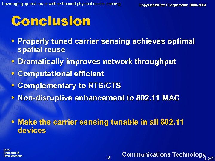 Leveraging spatial reuse with enhanced physical carrier sensing Copyright© Intel Corporation 2000 -2004 Conclusion