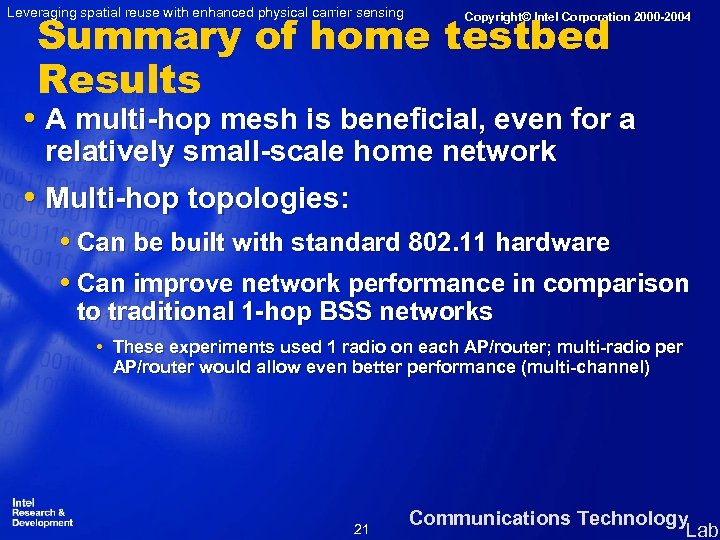 Leveraging spatial reuse with enhanced physical carrier sensing Summary of home testbed Results Copyright©