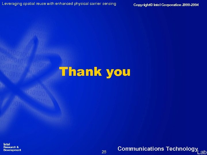 Leveraging spatial reuse with enhanced physical carrier sensing Copyright© Intel Corporation 2000 -2004 Thank