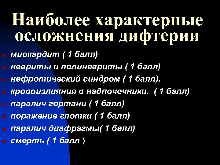 Наиболее характерные осложнения дифтерии n n n n миокардит ( 1 балл) невриты и