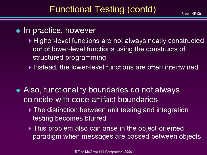 Functional Testing (contd) l Slide 14 B. 90 In practice, however 4 Higher-level functions