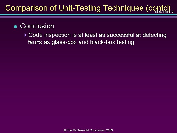 Comparison of Unit-Testing Techniques (contd) Slide 14 B. 110 l Conclusion 4 Code inspection