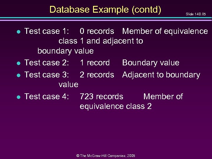 Database Example (contd) l l Slide 14 B. 85 Test case 1: 0 records