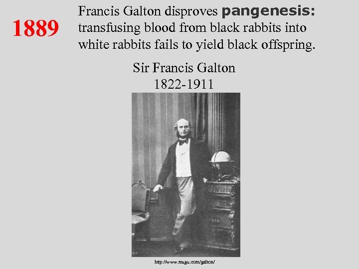 1889 Francis Galton disproves pangenesis: transfusing blood from black rabbits into white rabbits fails