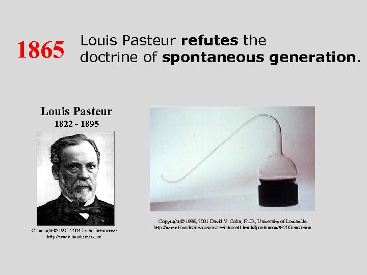 1865 Louis Pasteur refutes the doctrine of spontaneous generation. Louis Pasteur 1822 - 1895