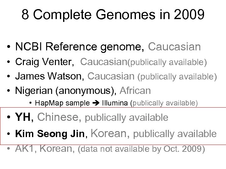 8 Complete Genomes in 2009 • NCBI Reference genome, Caucasian • Craig Venter, Caucasian(publically