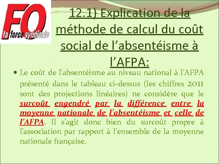 12. 1) Explication de la méthode de calcul du coût social de l’absentéisme à