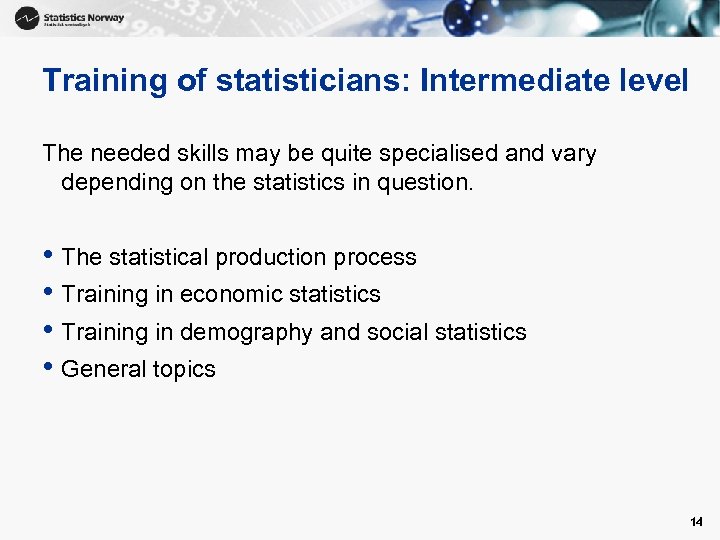 Training of statisticians: Intermediate level The needed skills may be quite specialised and vary