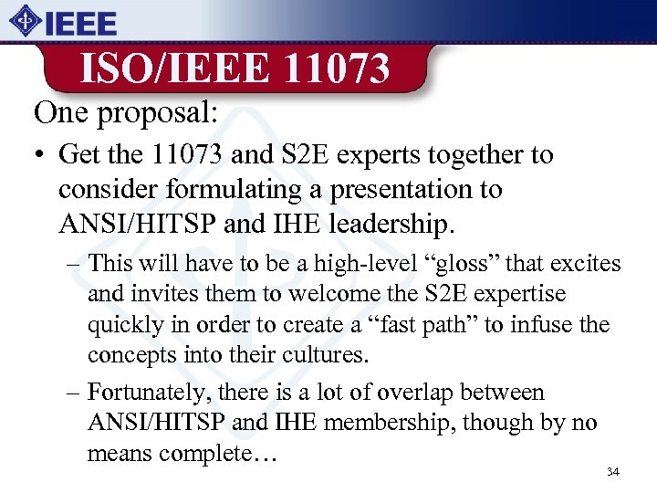 ISO/IEEE 11073 One proposal: • Get the 11073 and S 2 E experts together