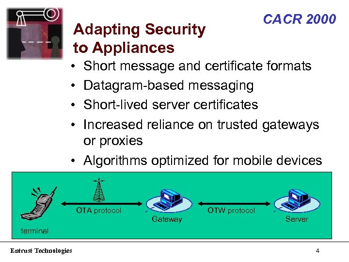 CACR 2000 Adapting Security to Appliances • • Short message and certificate formats Datagram-based