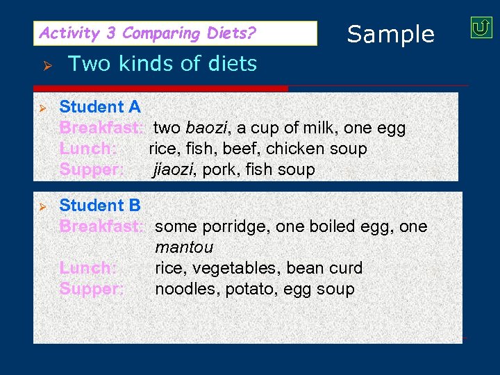 Activity 3 Comparing Diets? Ø Sample Two kinds of diets Ø Student A Breakfast: