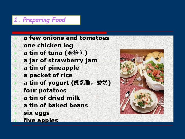 1. Preparing Food Ø Ø Ø a few onions and tomatoes one chicken leg