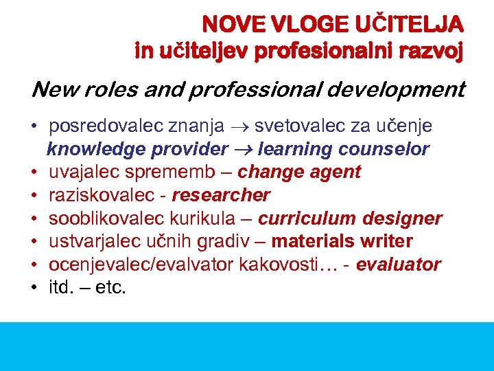 NOVE VLOGE UČITELJA in učiteljev profesionalni razvoj New roles and professional development • posredovalec