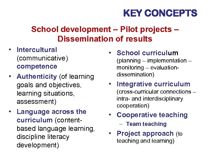 KEY CONCEPTS School development – Pilot projects – Dissemination of results • Intercultural (communicative)