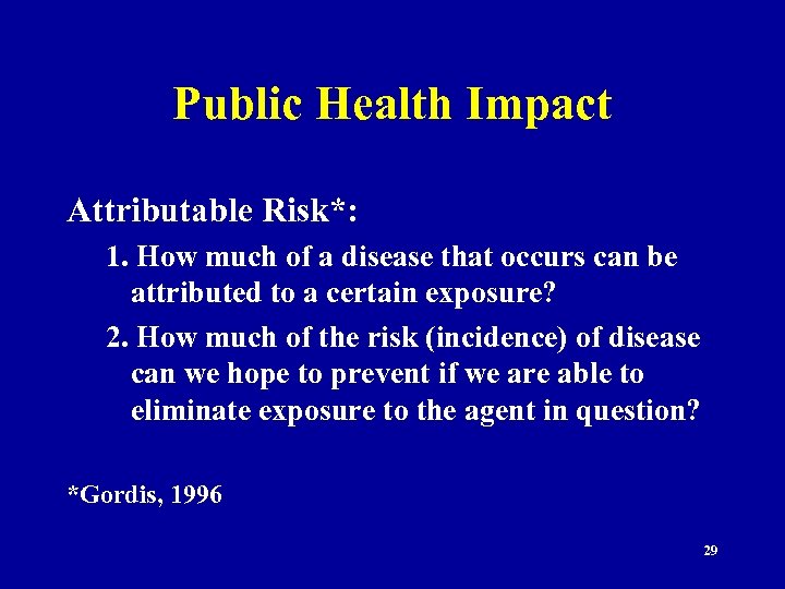 Public Health Impact Attributable Risk*: 1. How much of a disease that occurs can