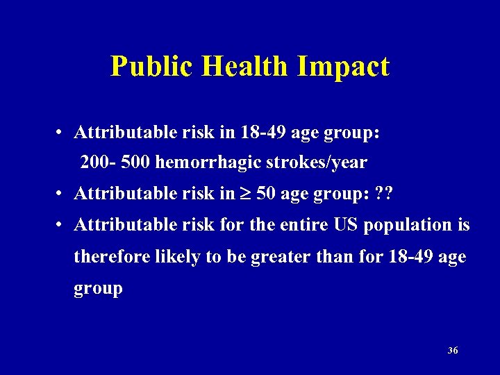 Public Health Impact • Attributable risk in 18 -49 age group: 200 - 500