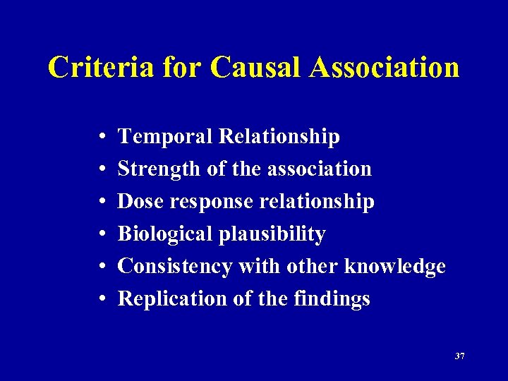 Criteria for Causal Association • • • Temporal Relationship Strength of the association Dose