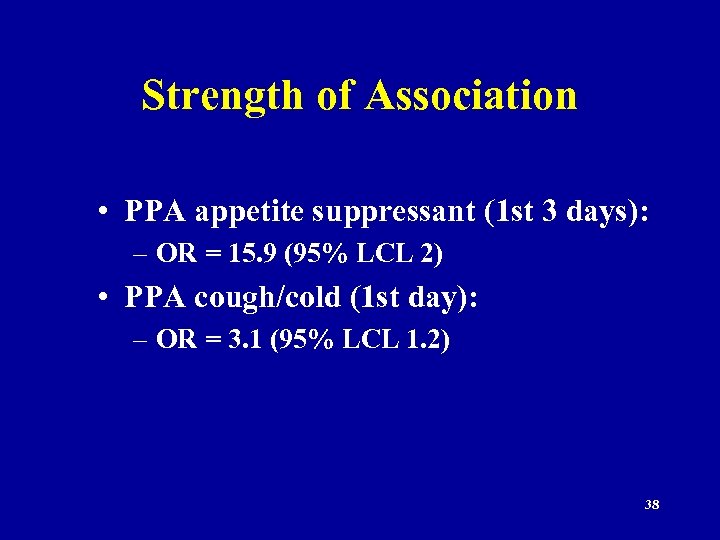 Strength of Association • PPA appetite suppressant (1 st 3 days): – OR =