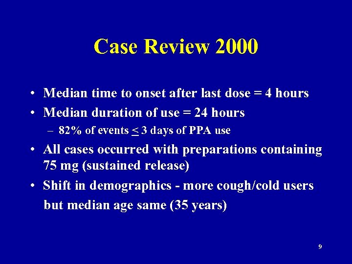 Case Review 2000 • Median time to onset after last dose = 4 hours