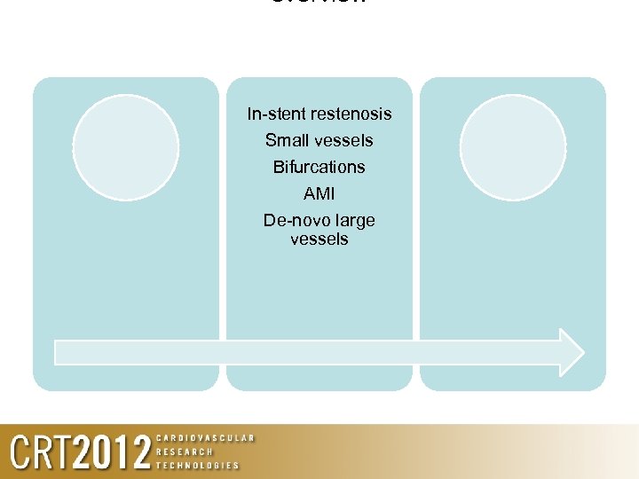 overview In-stent restenosis Small vessels Bifurcations AMI De-novo large vessels 