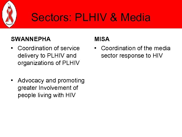 Sectors: PLHIV & Media SWANNEPHA MISA • Coordination of service delivery to PLHIV and