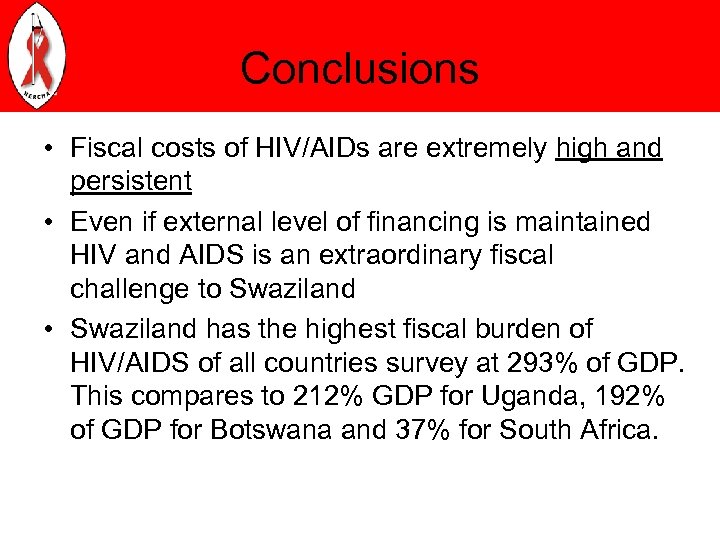 Conclusions • Fiscal costs of HIV/AIDs are extremely high and persistent • Even if