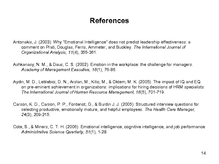 References Antonakis, J. (2003). Why “Emotional Intelligence” does not predict leadership effectiveness: a comment