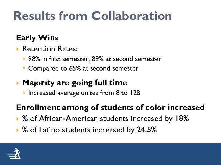 Results from Collaboration Early Wins Retention Rates: ◦ 98% in first semester, 89% at